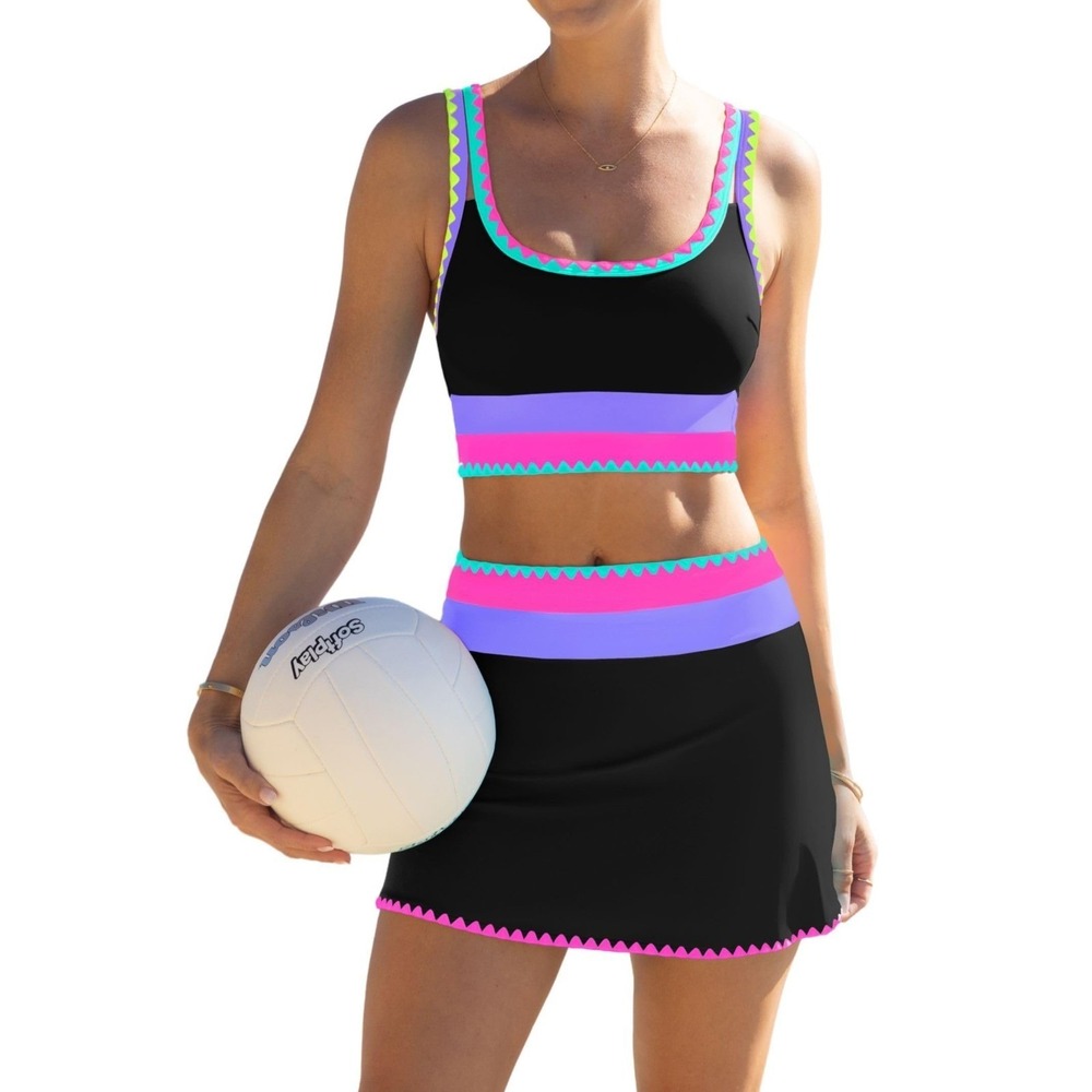NWT Popvil Neon 3pc Bikini Set High Waist Tummy Control Skirt Black Pink Medium